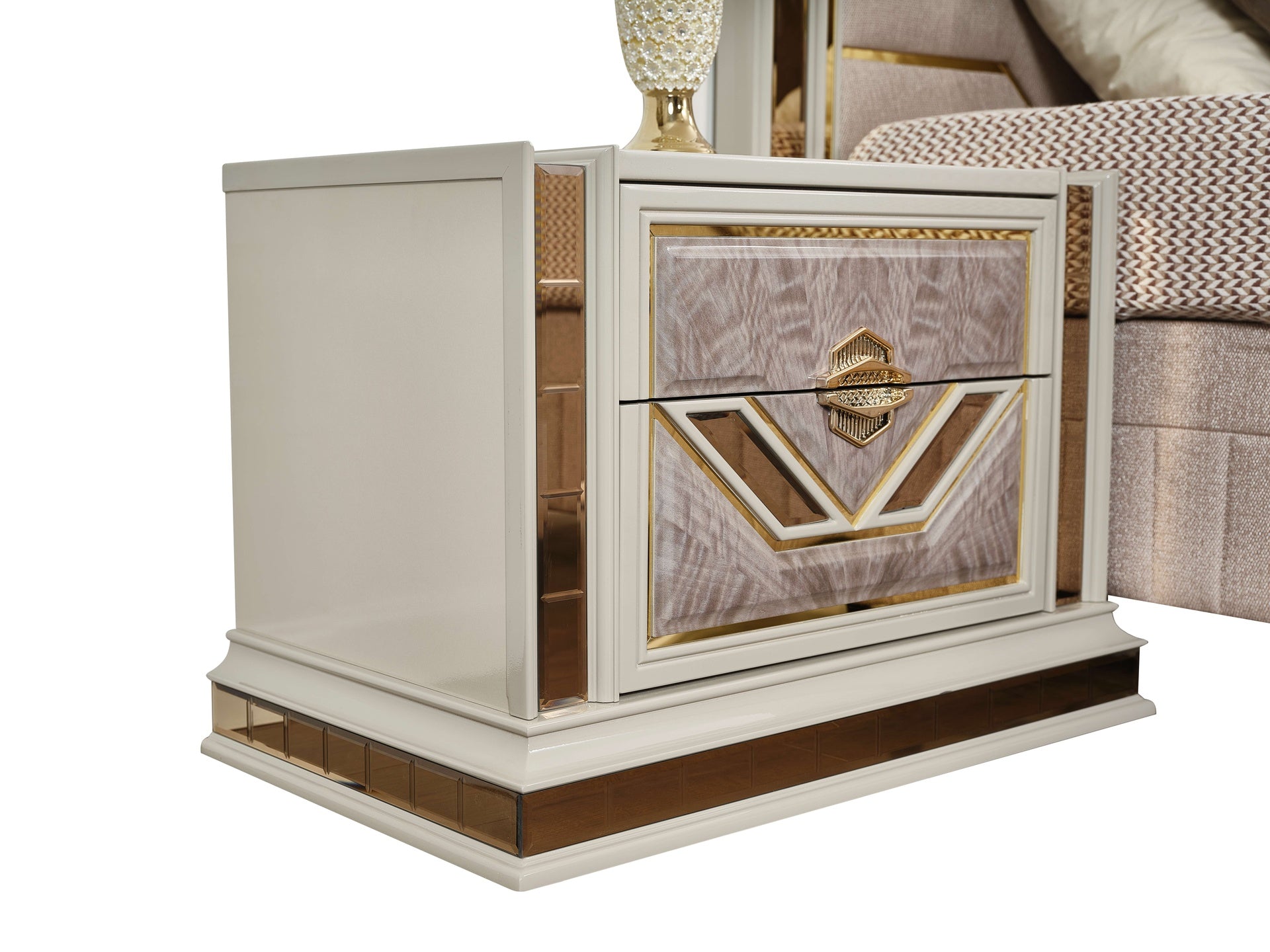 Omari Modern Style 2-Drawer Night stand Made with Wood and Gold Accents in Beige      same asG150109298  (NJ inventory)