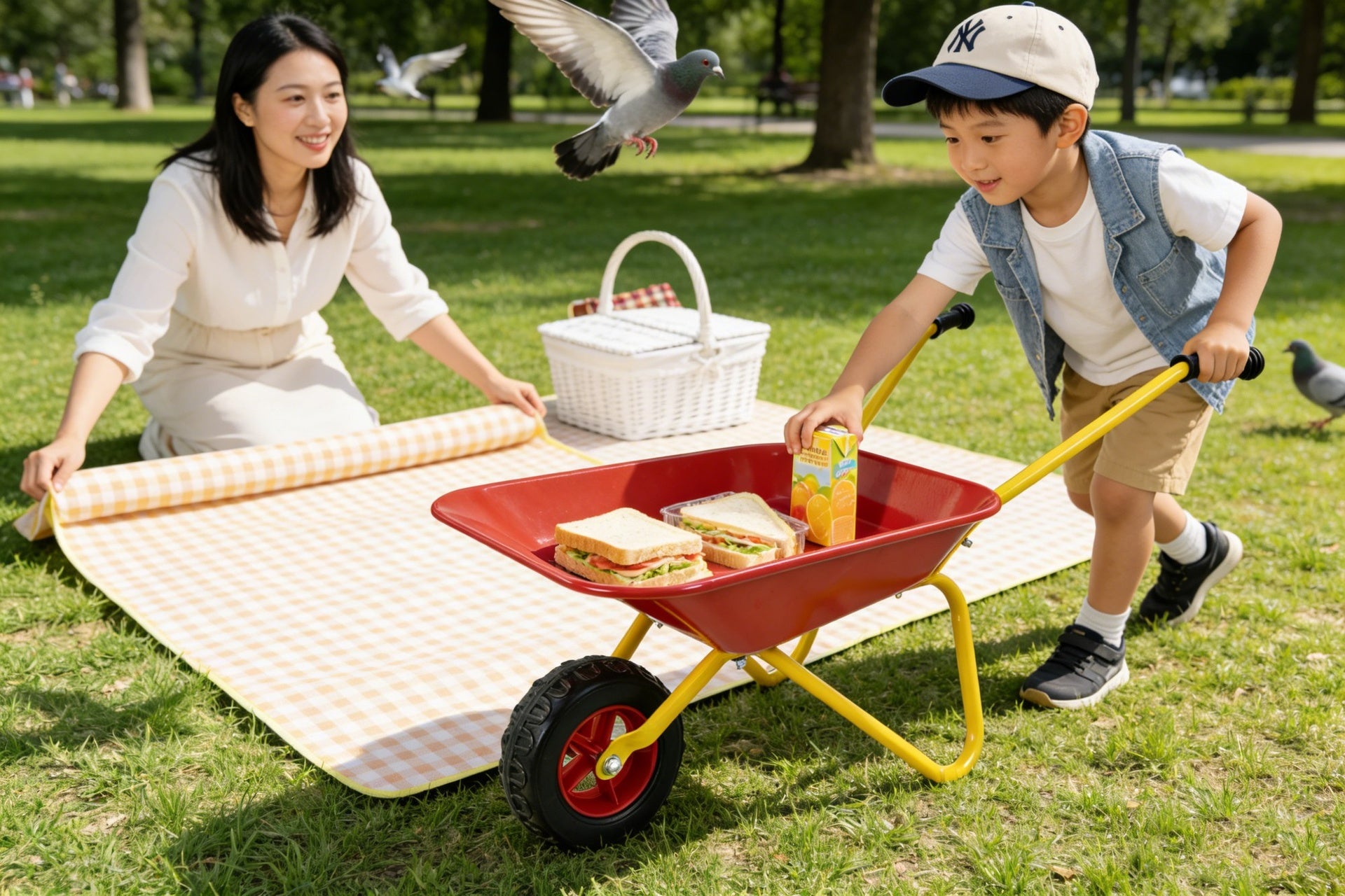 Children's metal wheelbarrow, Maximum load capacity: 33LBS,children's heavy wheelbarrow, metal structure wheelbarrow, steel tray, can be used in gardens, loading leaves, soil, sand, etc. (red)