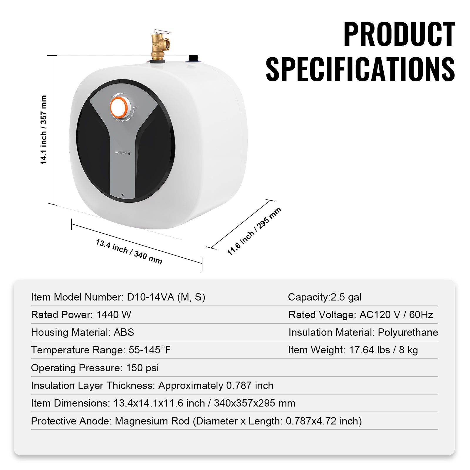 Electric Mini-Tank Water Heater 2.5-Gallon Tank, 1440W Hot Water Boiler Storage, Safety Temperature Pressure Valve Easy Install, for Kichen Bathroom Restaurant, Shelf Wall Floor Mounted