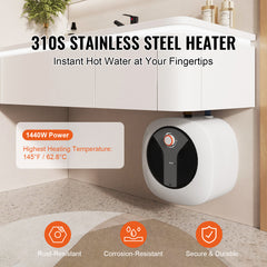 Electric Mini-Tank Water Heater 2.5-Gallon Tank, 1440W Hot Water Boiler Storage, Safety Temperature Pressure Valve Easy Install, for Kichen Bathroom Restaurant, Shelf Wall Floor Mounted