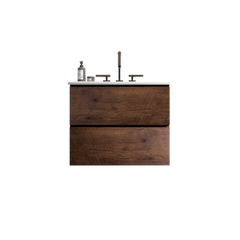 Wall Mount 24" Walnut Bathroom Vanity with Ceramic Sink with three faucet holes, Large Storage Floating Bathroom Vanity for Modern Bathroom, One-Piece Sink Basin without Drain, Pre-assembled