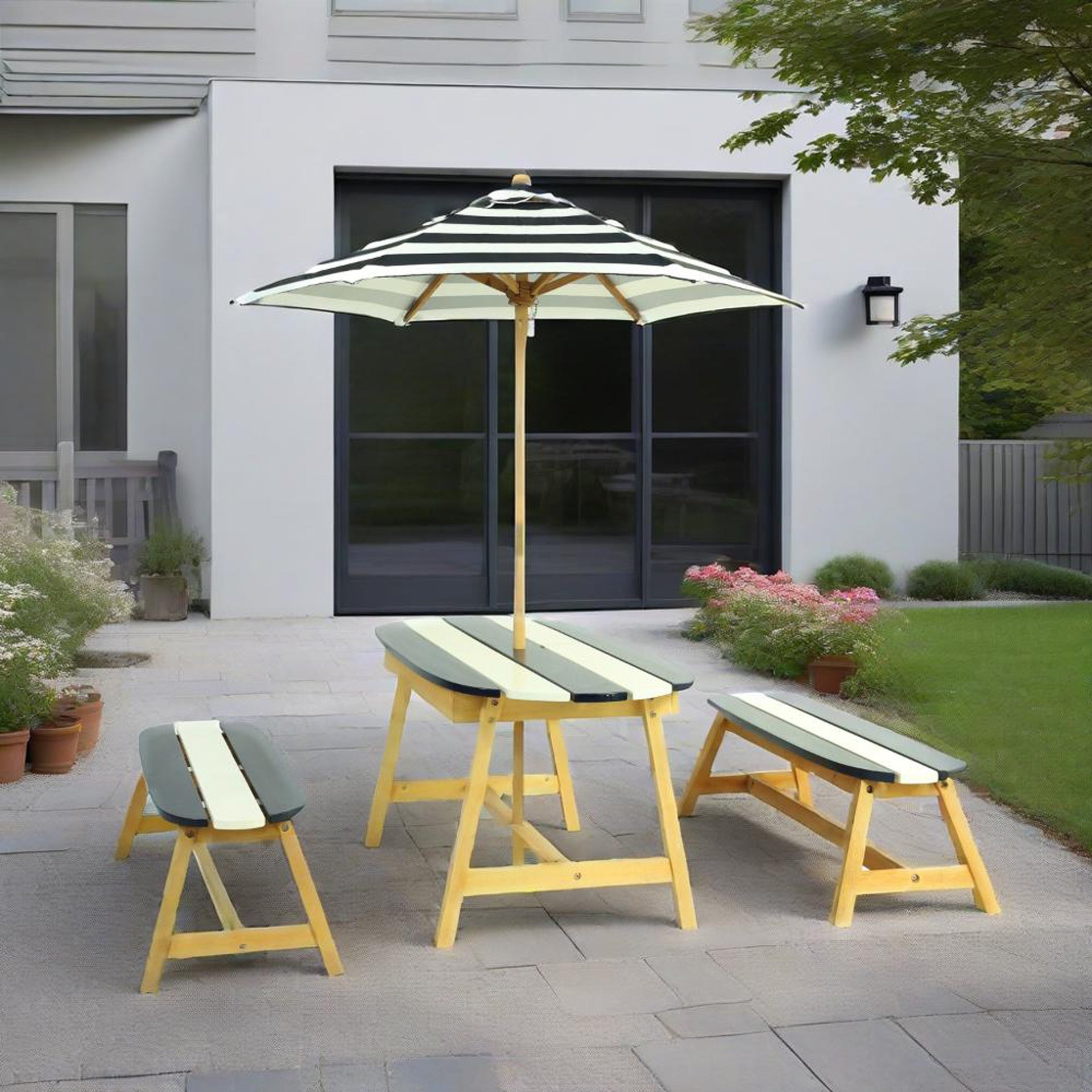Naturally Playful Kids Picnic Table with  Umbrella, Indoor/Outdoor Toys-Dark Blue