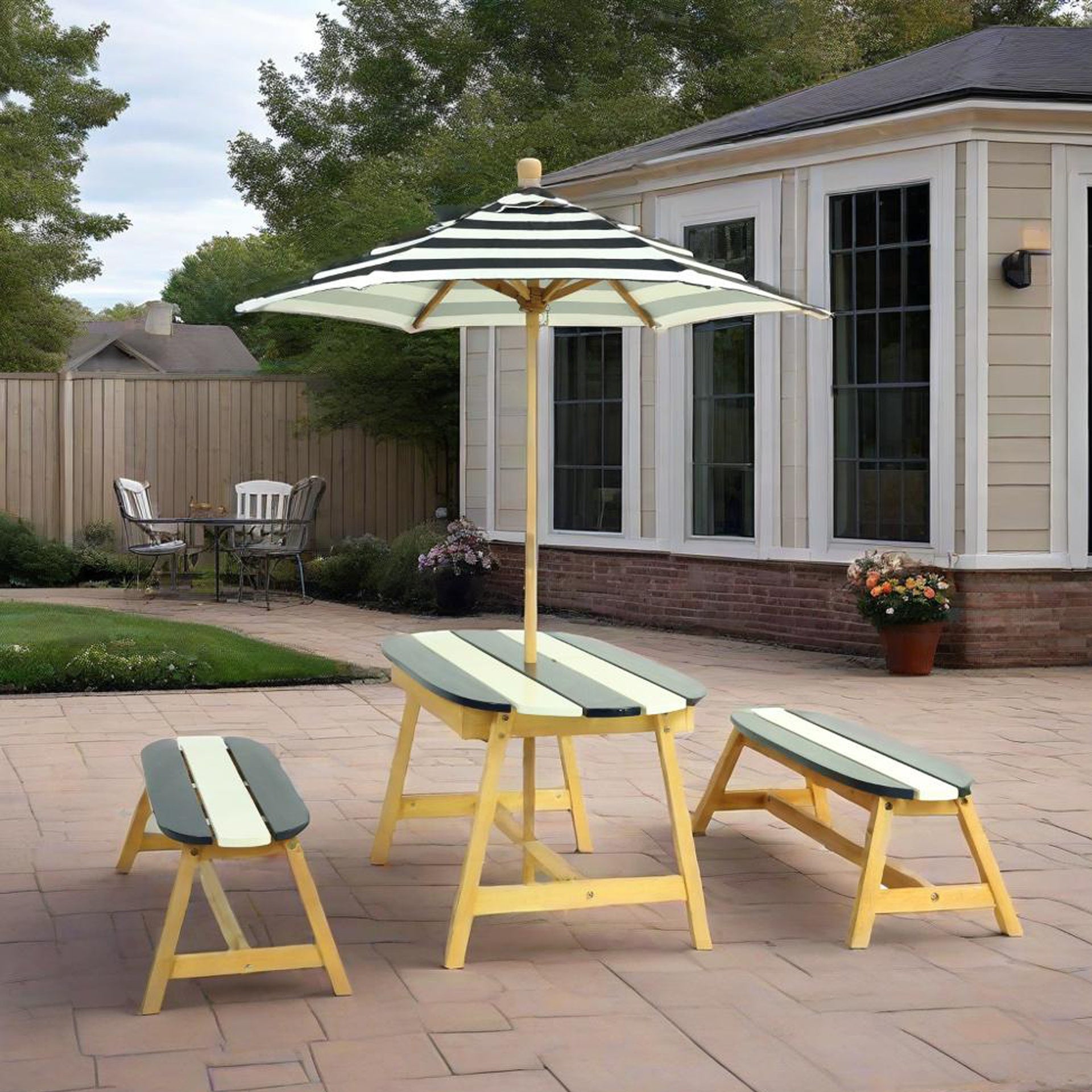 Naturally Playful Kids Picnic Table with  Umbrella, Indoor/Outdoor Toys-Dark Blue