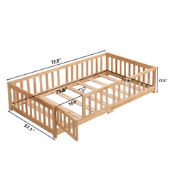 full Size Floor Bed with Door,Solid Wood Platform Bed Frame with Fence,Suitable for children,Pine Wood,Natural