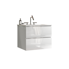 TIA  24" Wall Mount White Glossy Bathroom Vanity with Ceramic Sink with Three Faucet Holes, Large Storage Floating Bathroom Vanity for Bathroom, One-Piece Sink Basin without Drain, Pre-assembled