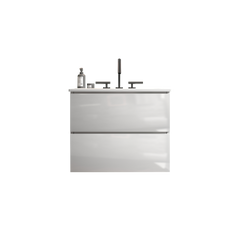 TIA  24" Wall Mount White Glossy Bathroom Vanity with Ceramic Sink with Three Faucet Holes, Large Storage Floating Bathroom Vanity for Bathroom, One-Piece Sink Basin without Drain, Pre-assembled