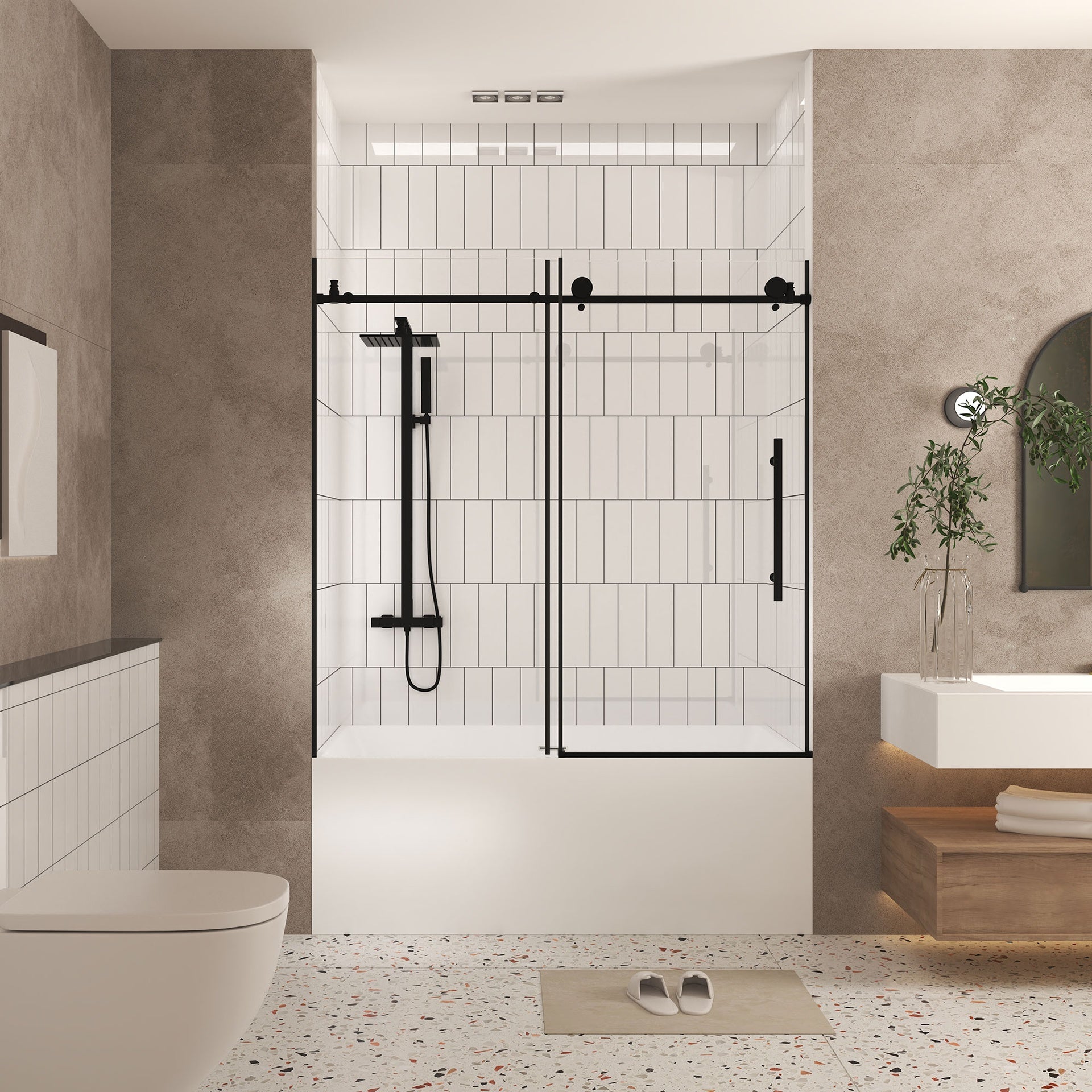 Frameless shower door 56-60 "W x 60" H, 1/4 "(6 mm) Clear Tempered Glass, Explosion Proof Film, Stainless Steel Handle, Matte Black