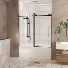 Frameless shower door 56-60 "W x 60" H, 1/4 "(6 mm) Clear Tempered Glass, Explosion Proof Film, Stainless Steel Handle, Matte Black