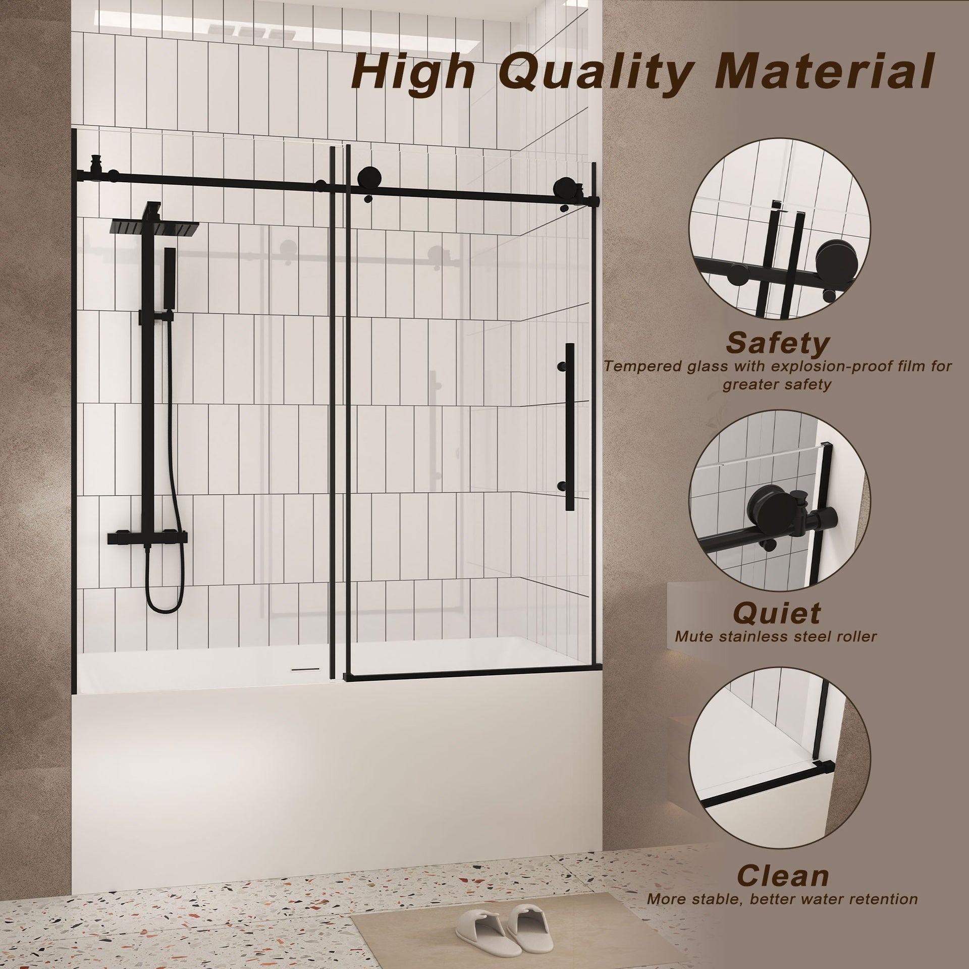 Frameless shower door 56-60 "W x 60" H, 1/4 "(6 mm) Clear Tempered Glass, Explosion Proof Film, Stainless Steel Handle, Matte Black