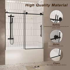 Frameless shower door 56-60 "W x 60" H, 1/4 "(6 mm) Clear Tempered Glass, Explosion Proof Film, Stainless Steel Handle, Matte Black