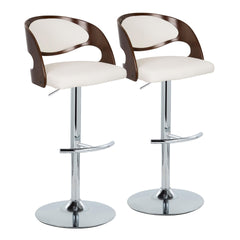 Pino Mid-Century Modern Adjustable Barstool with Swivel in Chrome Metal, Cherry Wood and White Faux Leather with Rounded T Footrest by LumiSource - Set of 2