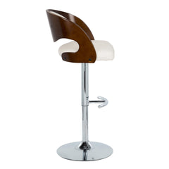 Pino Mid-Century Modern Adjustable Barstool with Swivel in Chrome Metal, Cherry Wood and White Faux Leather with Rounded T Footrest by LumiSource - Set of 2