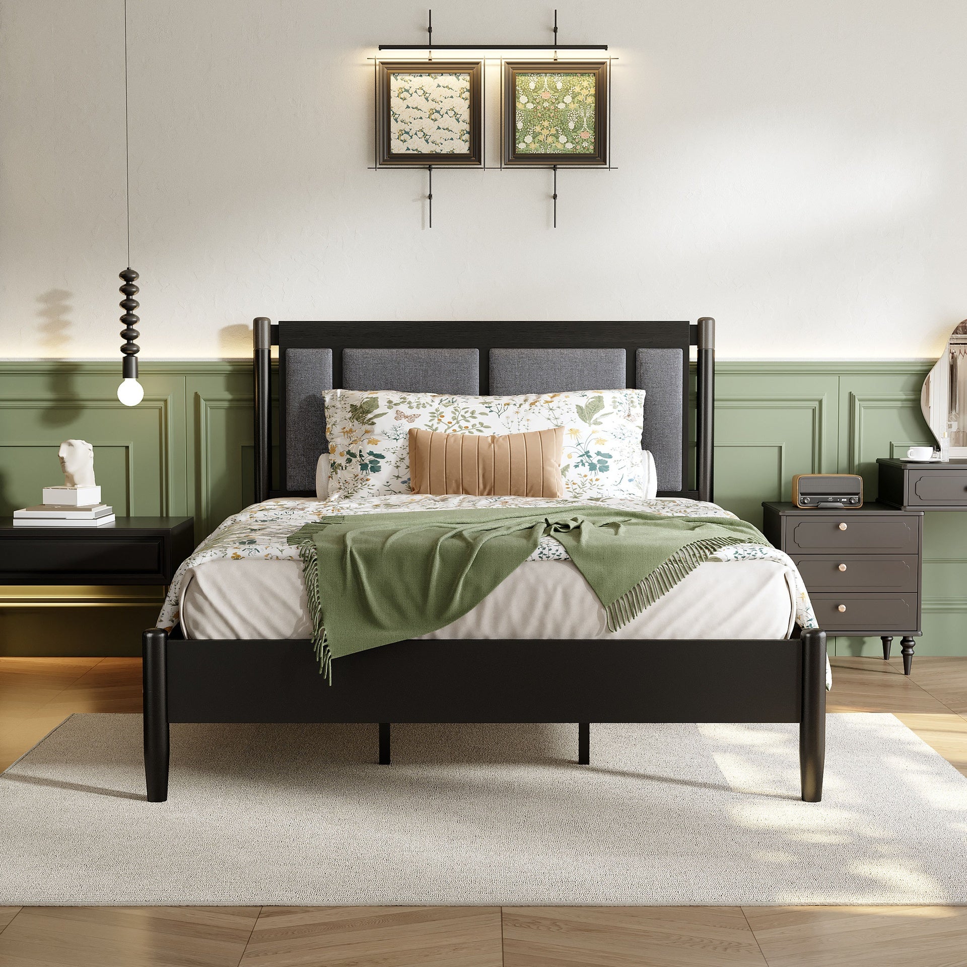 Solid Wood Queen Bed, Heavy Duty 500 lbs Support, No Box Spring Needed, Black Upholstered Headboard with Metal Handles