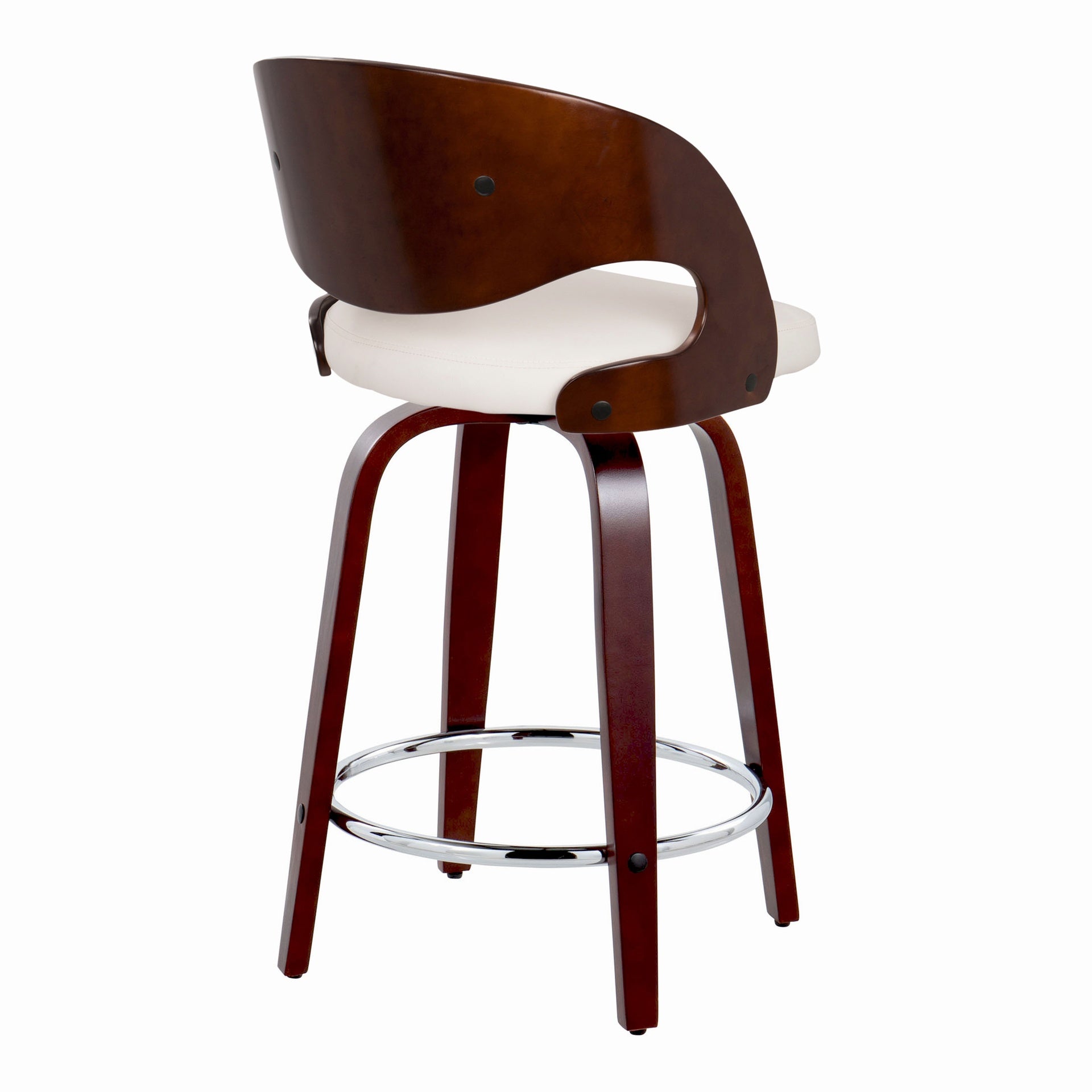 Pino 24" Mid-Century Modern Fixed-Height Counter Stool with Swivel in Cherry Wood and White Faux Leather with Round Chrome Metal Footrest by LumiSource - Set of 2