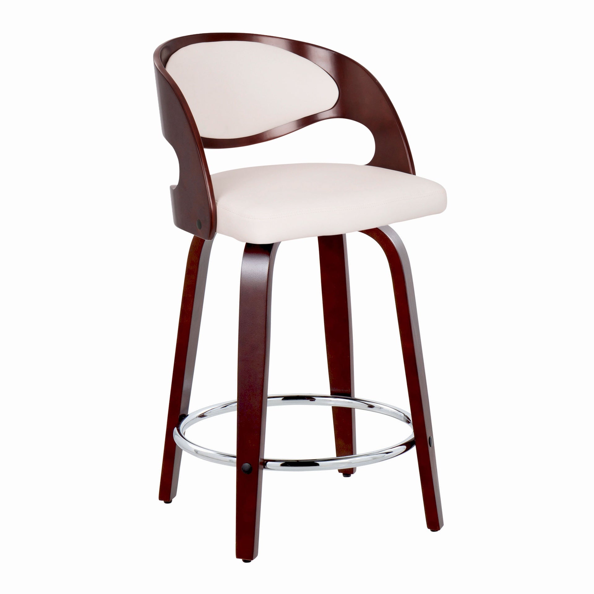 Pino 24" Mid-Century Modern Fixed-Height Counter Stool with Swivel in Cherry Wood and White Faux Leather with Round Chrome Metal Footrest by LumiSource - Set of 2