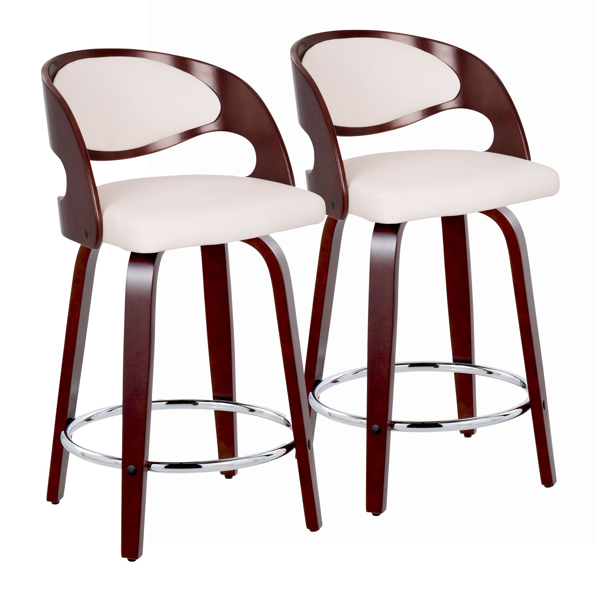 Pino 24" Mid-Century Modern Fixed-Height Counter Stool with Swivel in Cherry Wood and White Faux Leather with Round Chrome Metal Footrest by LumiSource - Set of 2