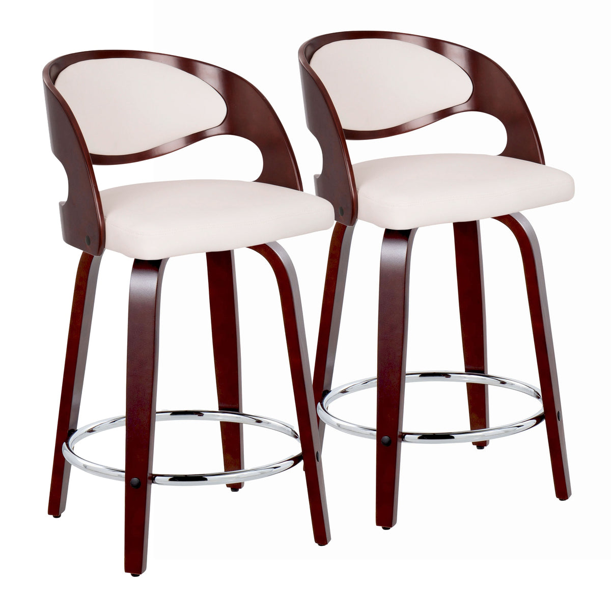 Pino 24" Mid-Century Modern Fixed-Height Counter Stool with Swivel in Cherry Wood and White Faux Leather with Round Chrome Metal Footrest by LumiSource - Set of 2
