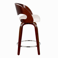 Pino 24" Mid-Century Modern Fixed-Height Counter Stool with Swivel in Cherry Wood and White Faux Leather with Round Chrome Metal Footrest by LumiSource - Set of 2