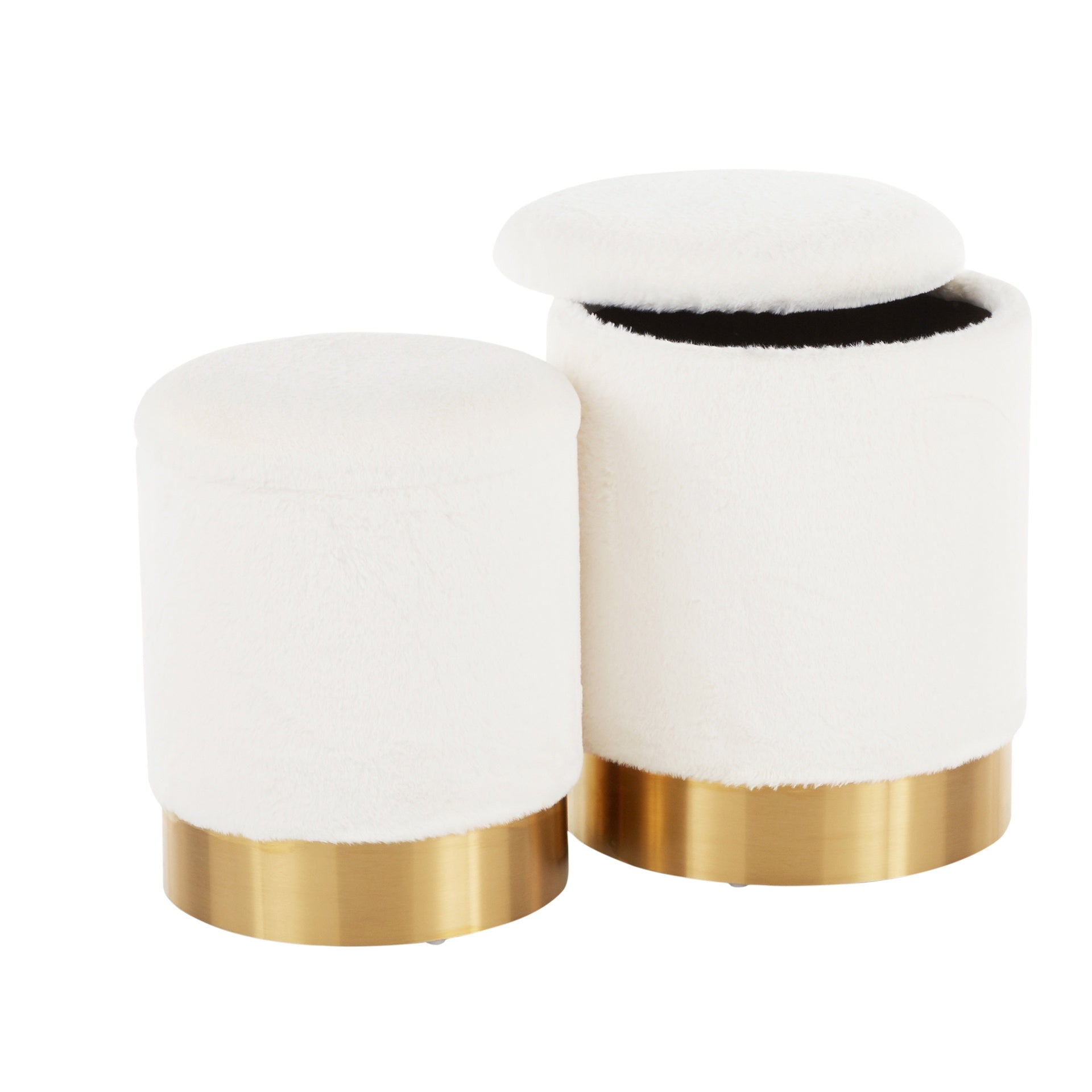 Marla Contemporary Nesting Ottoman Set in Gold Metal and Cream Plush Fabric by LumiSource