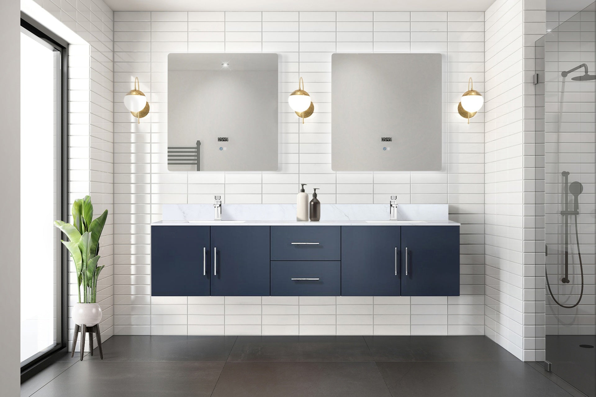 Navy Blue Double Bath Vanity 80 in. W x 22 in. D, with Carrara Marble Top