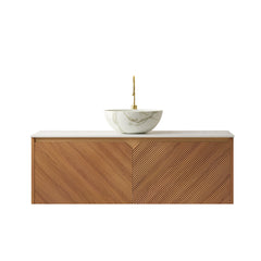 RUBEN 48" Bathroom Vanity&Sink, Floating Plywood Storage Cabinet, Twill Double Doors with Metal Trim, Stone Pattern White Bowl Ceramic Vessel Basin&Sintered Stone Top, Brown Oak Woodgrain Color