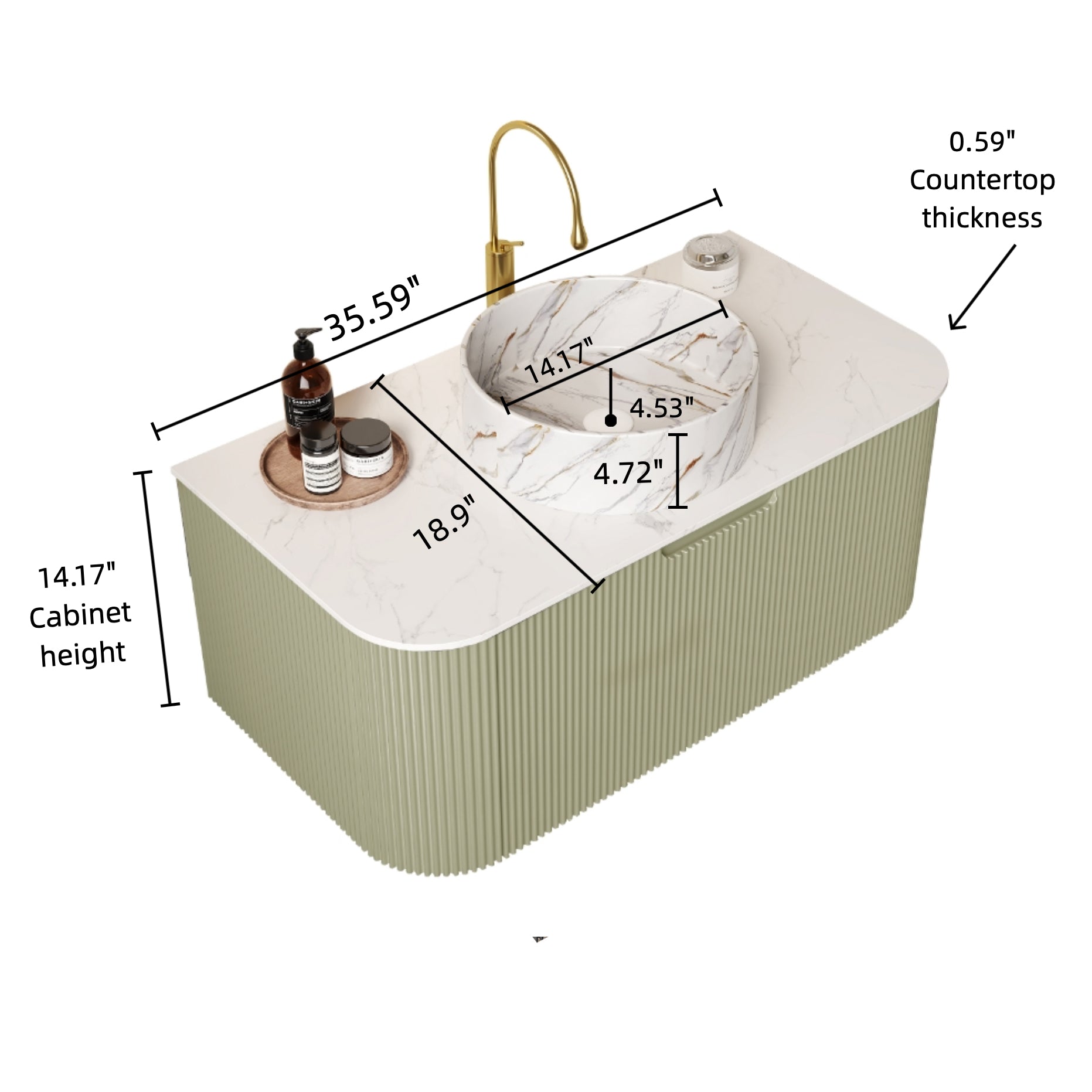 DINA 36" Bathroom Vanity with Sink, Wall-Mounted Floating Curved Edges Striped Bathroom Storage Cabinet with Drawer, White Round Ceramic Basin with Stone Pattern, Pre-assembled, Light Green Color