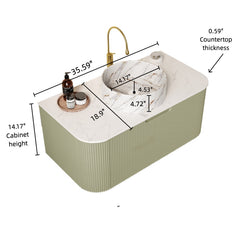 DINA 36" Bathroom Vanity with Sink, Wall-Mounted Floating Curved Edges Striped Bathroom Storage Cabinet with Drawer, White Round Ceramic Basin with Stone Pattern, Pre-assembled, Light Green Color