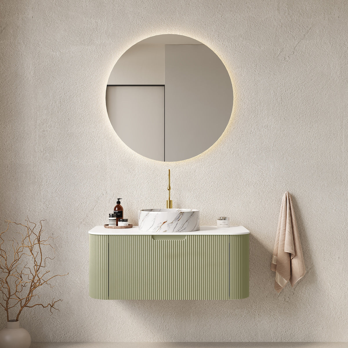 DINA 36" Bathroom Vanity with Sink, Wall-Mounted Floating Curved Edges Striped Bathroom Storage Cabinet with Drawer, White Round Ceramic Basin with Stone Pattern, Pre-assembled, Light Green Color