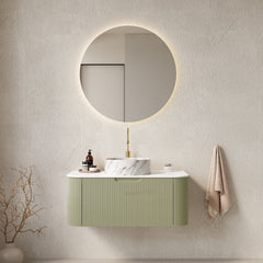 DINA 36" Bathroom Vanity with Sink, Wall-Mounted Floating Curved Edges Striped Bathroom Storage Cabinet with Drawer, White Round Ceramic Basin with Stone Pattern, Pre-assembled, Light Green Color