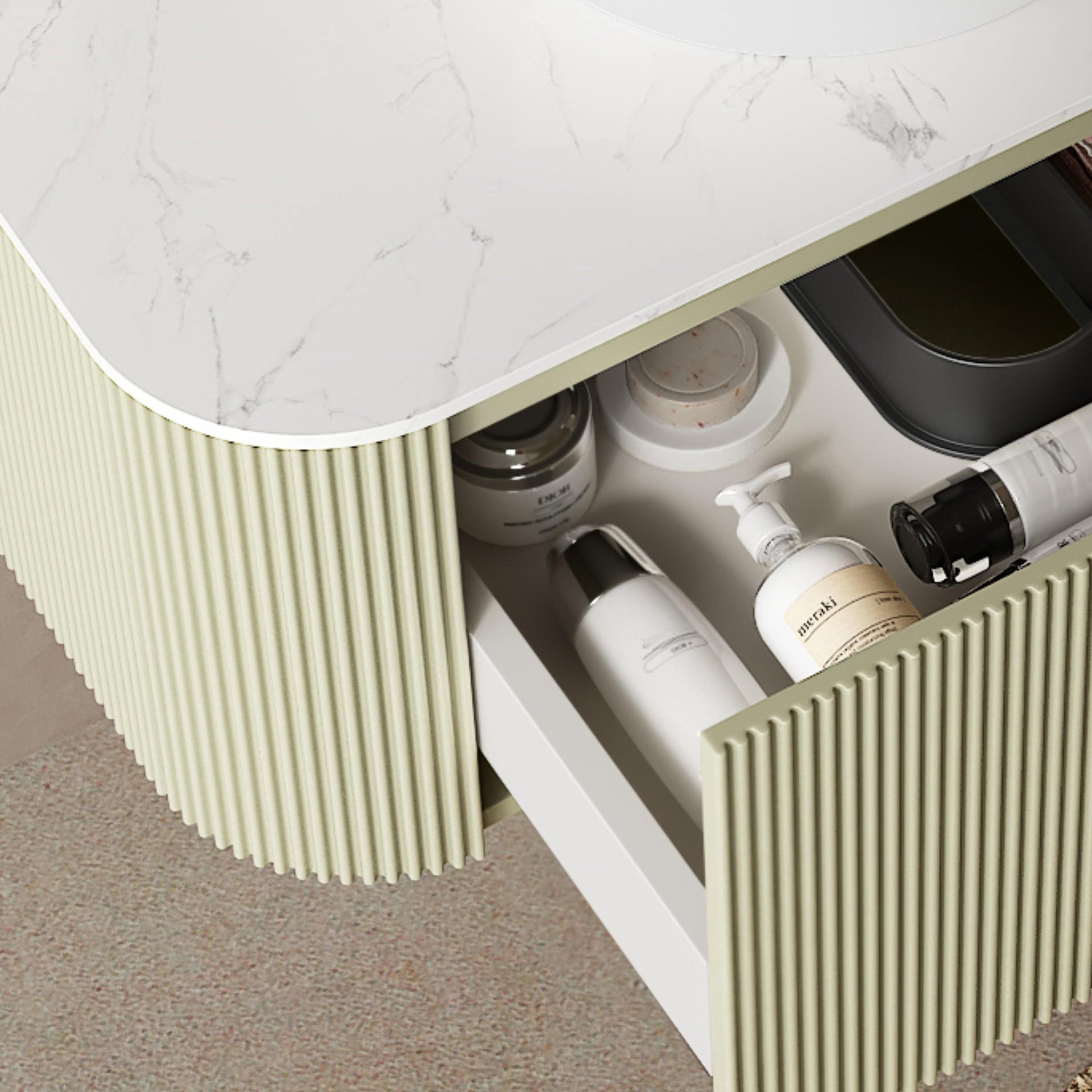 DINA 36" Bathroom Vanity with Sink, Wall-Mounted Floating Curved Edges Striped Bathroom Storage Cabinet with Drawer, White Round Ceramic Basin with Stone Pattern, Pre-assembled, Light Green Color