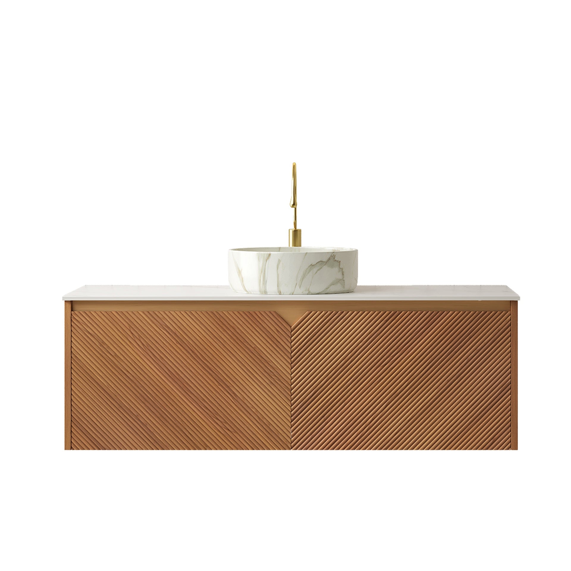 RUBEN 48" Bathroom Vanity&Sink, Floating Plywood Storage Cabinet, Twill Double Doors with Metal Trim, Matte Stone Pattern White Round Ceramic Basin&Sintered Stone Top, Brown Oak Woodgrain (New SKU)