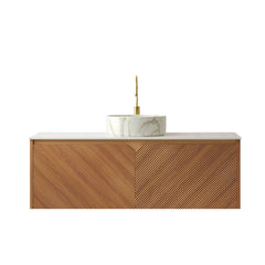 RUBEN 48" Bathroom Vanity&Sink, Floating Plywood Storage Cabinet, Twill Double Doors with Metal Trim, Matte Stone Pattern White Round Ceramic Basin&Sintered Stone Top, Brown Oak Woodgrain (New SKU)