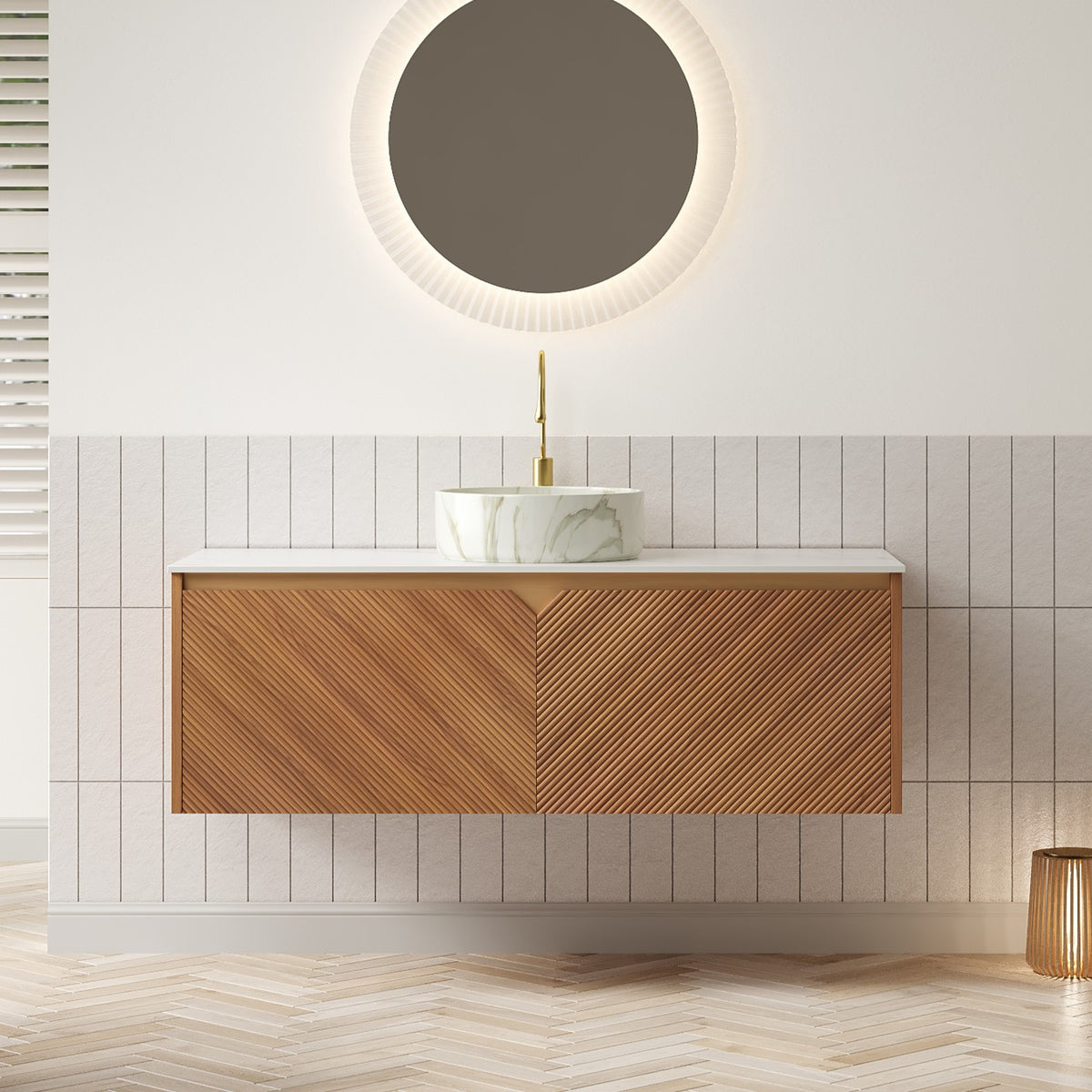 RUBEN 48" Bathroom Vanity&Sink, Floating Plywood Storage Cabinet, Twill Double Doors with Metal Trim, Matte Stone Pattern White Round Ceramic Basin&Sintered Stone Top, Brown Oak Woodgrain (New SKU)