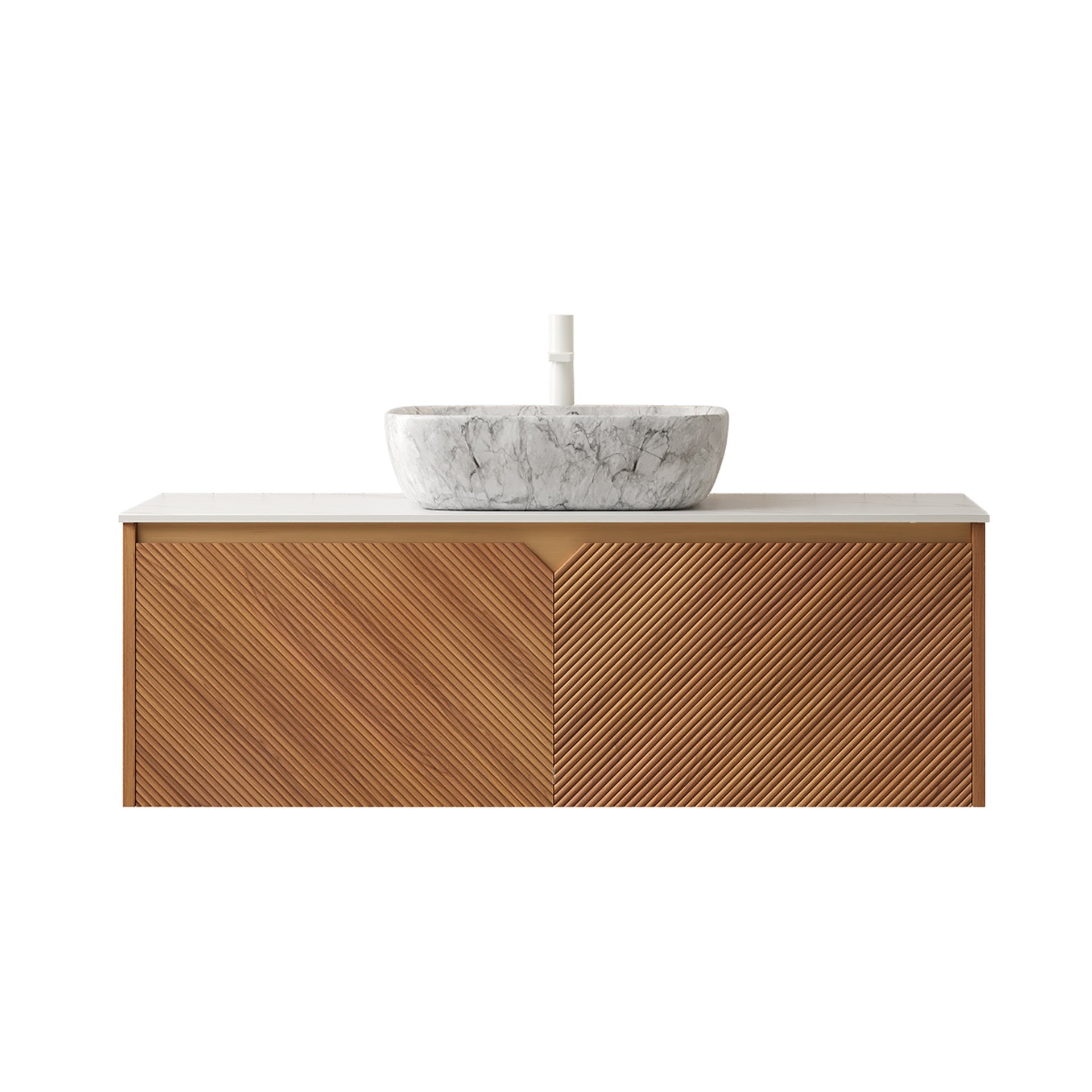 RUBEN 48" Bathroom Vanity&Sink, Floating Plywood Storage Cabinet, Twill Double Doors with Metal Trim, Marble Pattern Ceramic Vessel Basin&Carrara White Sintered Stone Top, Brown Oak Woodgrain Color