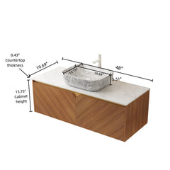 RUBEN 48" Bathroom Vanity&Sink, Floating Plywood Storage Cabinet, Twill Double Doors with Metal Trim, Marble Pattern Ceramic Vessel Basin&Carrara White Sintered Stone Top, Brown Oak Woodgrain Color