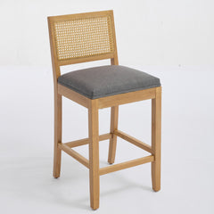 Full Solid Wood Rattan-Back Bar Stool, Matte Linen Cushion with High-Resilience Foam & S-Springs, Ideal for Rustic/Natural Style Kitchen Island, Low Bar in Dining Room & Café,Set of 2,Gray,SW1872GY