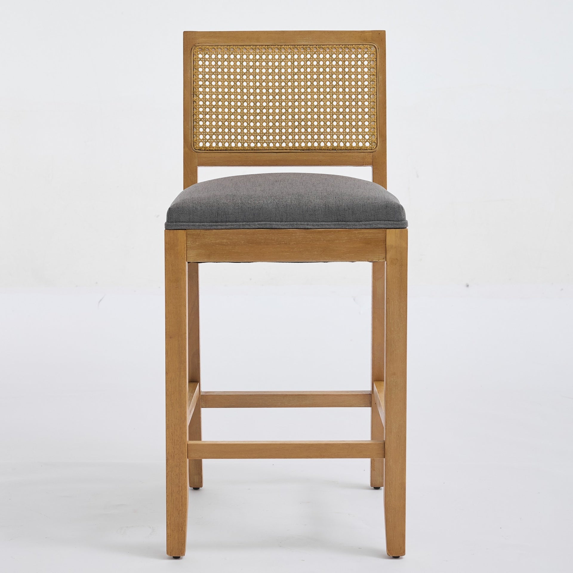 Full Solid Wood Rattan-Back Bar Stool, Matte Linen Cushion with High-Resilience Foam & S-Springs, Ideal for Rustic/Natural Style Kitchen Island, Low Bar in Dining Room & Café,Set of 2,Gray,SW1872GY