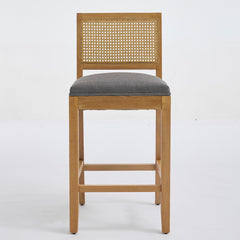 Full Solid Wood Rattan-Back Bar Stool, Matte Linen Cushion with High-Resilience Foam & S-Springs, Ideal for Rustic/Natural Style Kitchen Island, Low Bar in Dining Room & Café,Set of 2,Gray,SW1872GY
