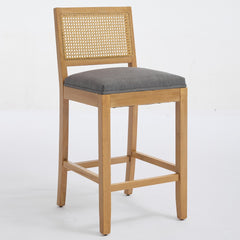 Full Solid Wood Rattan-Back Bar Stool, Matte Linen Cushion with High-Resilience Foam & S-Springs, Ideal for Rustic/Natural Style Kitchen Island, Low Bar in Dining Room & Café,Set of 2,Gray,SW1872GY