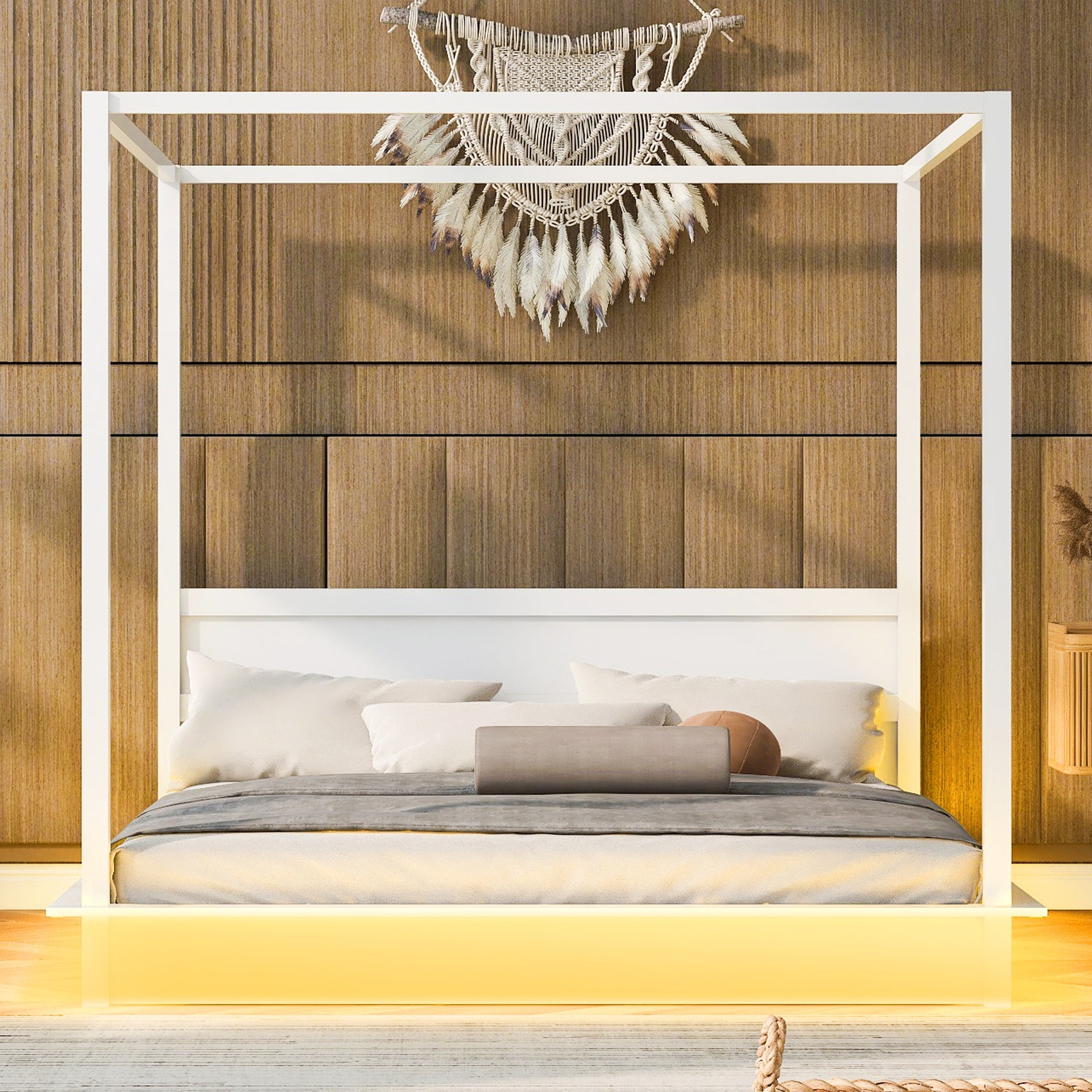 King Size Wood LED Canopy Bed ,Canopy Platform bed With Support Slats, No Box Spring Needed, White