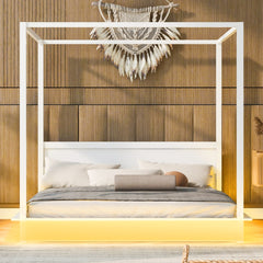 King Size Wood LED Canopy Bed ,Canopy Platform bed With Support Slats, No Box Spring Needed, White