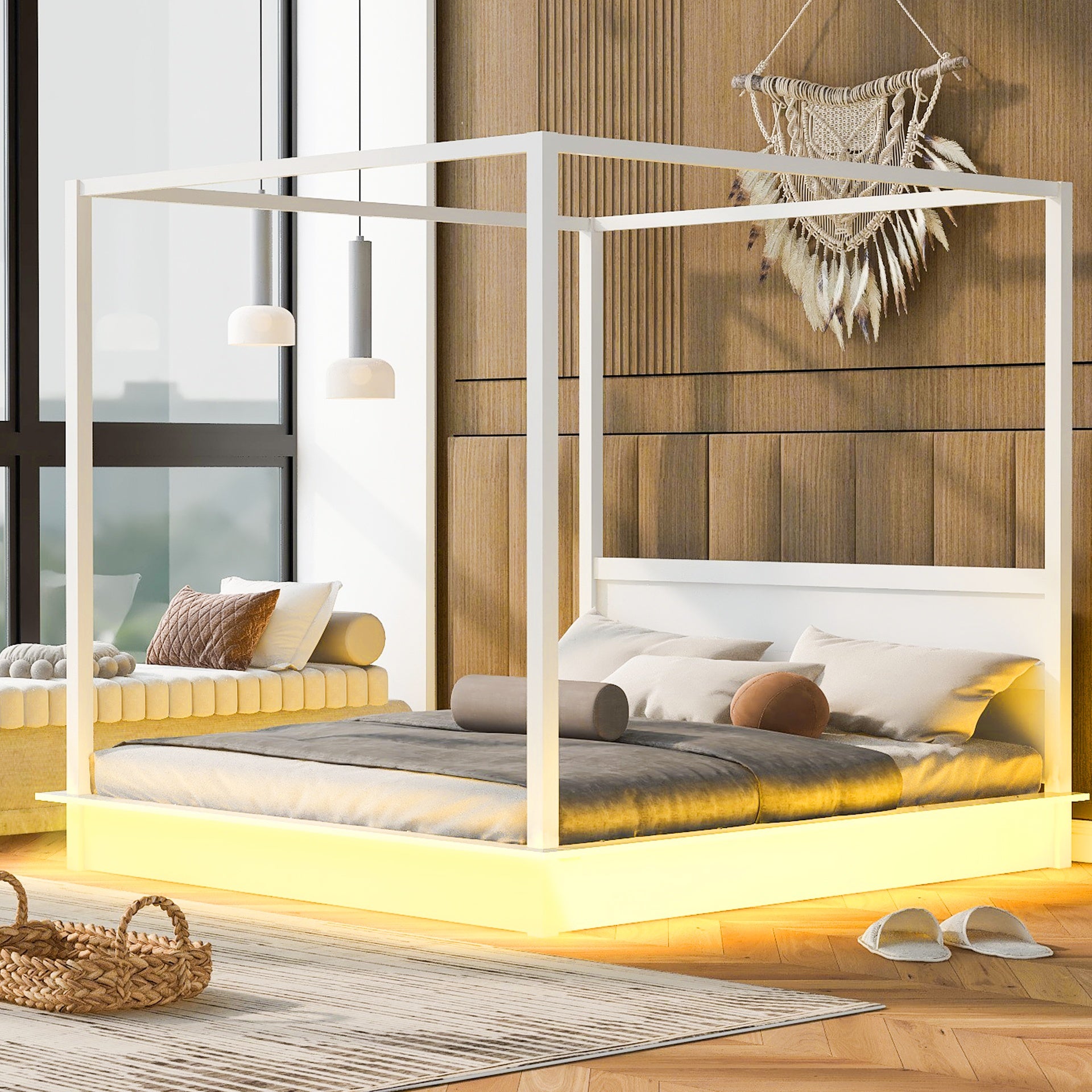 King Size Wood LED Canopy Bed ,Canopy Platform bed With Support Slats, No Box Spring Needed, White