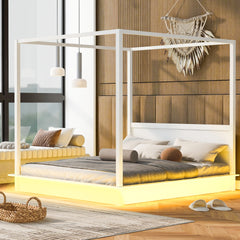 King Size Wood LED Canopy Bed ,Canopy Platform bed With Support Slats, No Box Spring Needed, White
