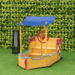 Outsunny Pirate Ship Sandbox with Cover and Rudder, Wooden Sandbox with Storage Bench and Seat, Outdoor Toy for Kids  Ages 3-8 Years Old