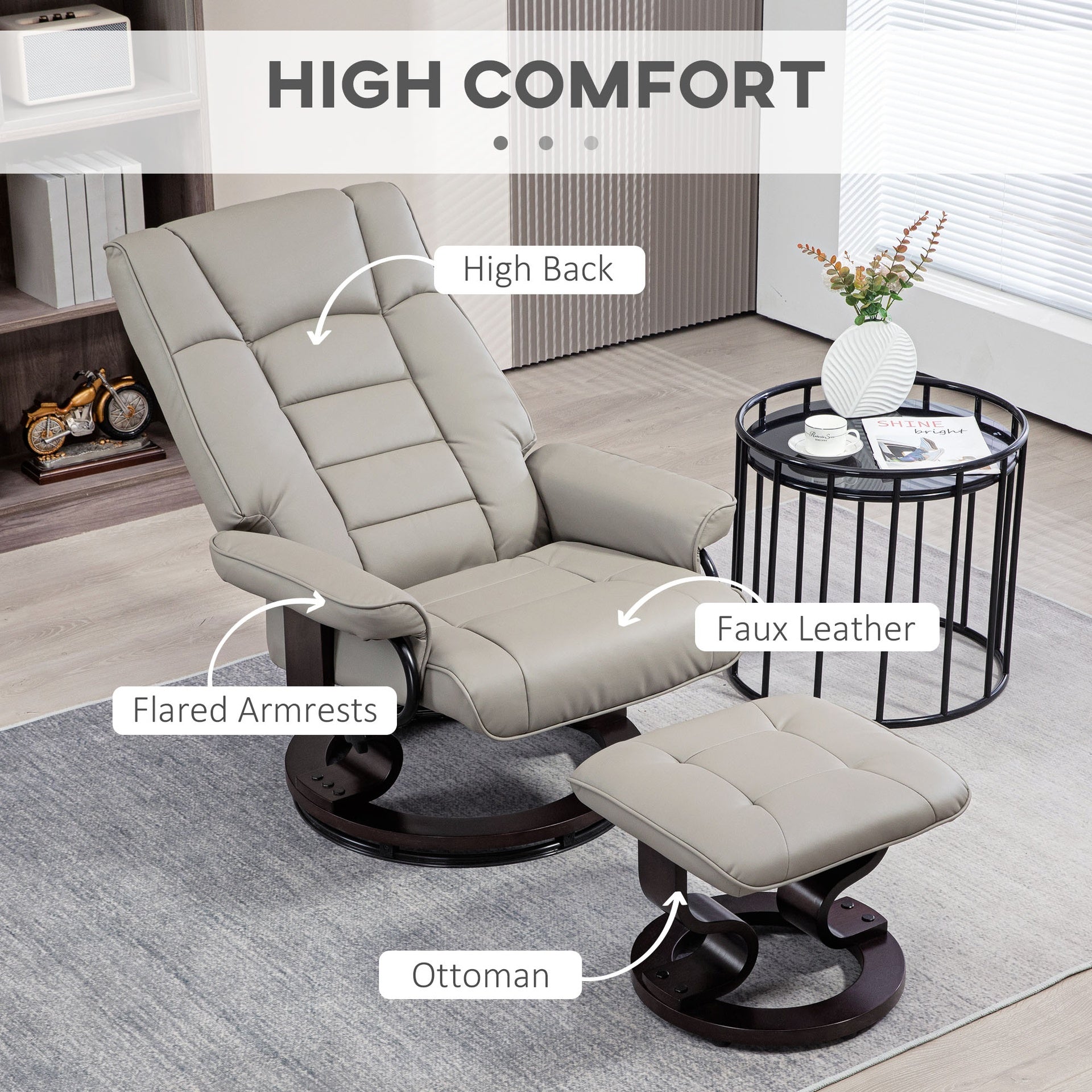 HOMCOM Recliner with Ottoman, Swivel Recliner Chair and Ottoman, Faux Leather Reclining Chair with High Back and Wood Frame for Living Room, Bedroom, Gray