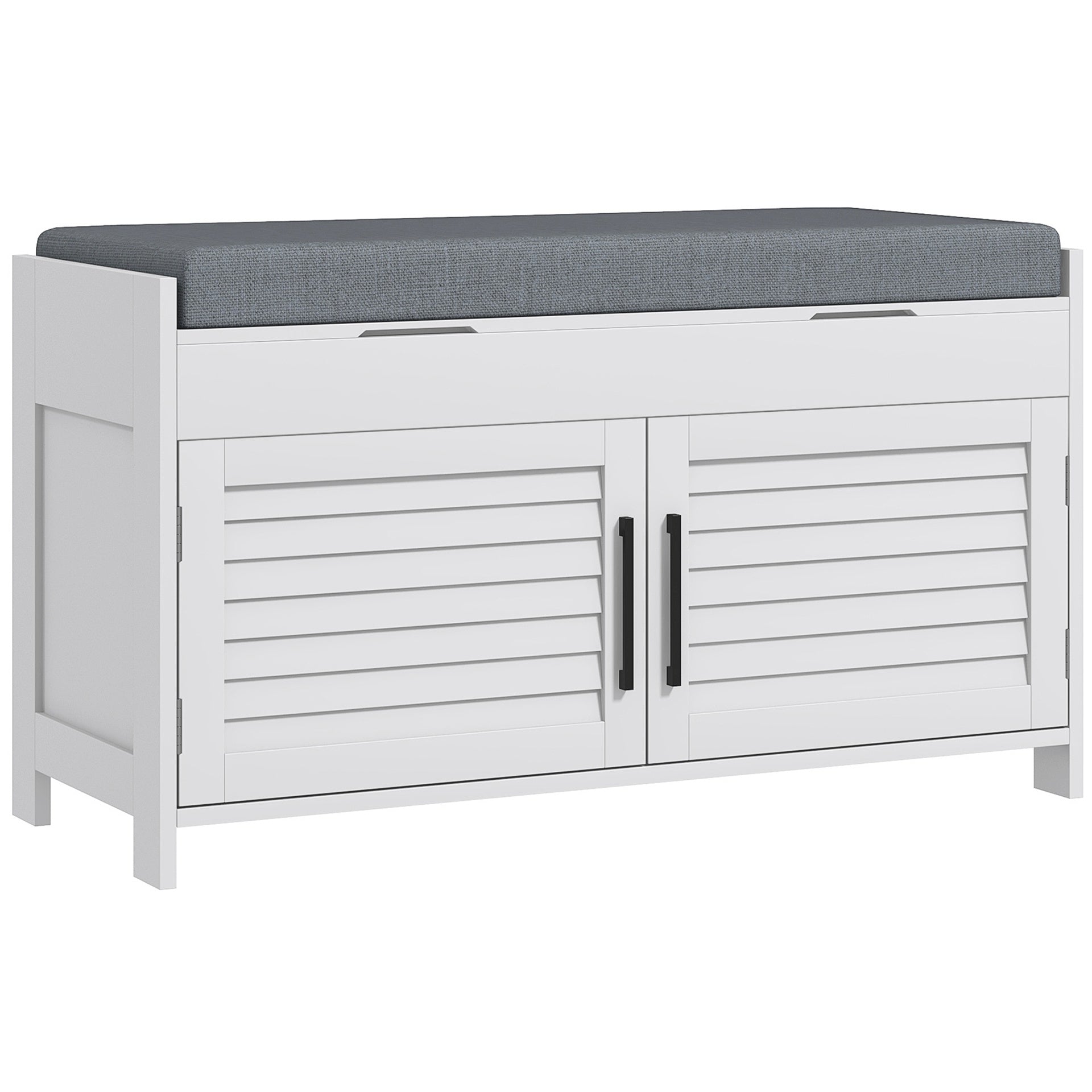 HOMCOM Shoe Bench, Entryway Bench with Shoe Storage, Cushion, Hidden Compartments, Adjustable Shelves and Shutter Doors, 35.4" Shoe Organizer for Entryway, Hallway, Holds Up to 352 lbs., White