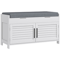 HOMCOM Shoe Bench, Entryway Bench with Shoe Storage, Cushion, Hidden Compartments, Adjustable Shelves and Shutter Doors, 35.4" Shoe Organizer for Entryway, Hallway, Holds Up to 352 lbs., White