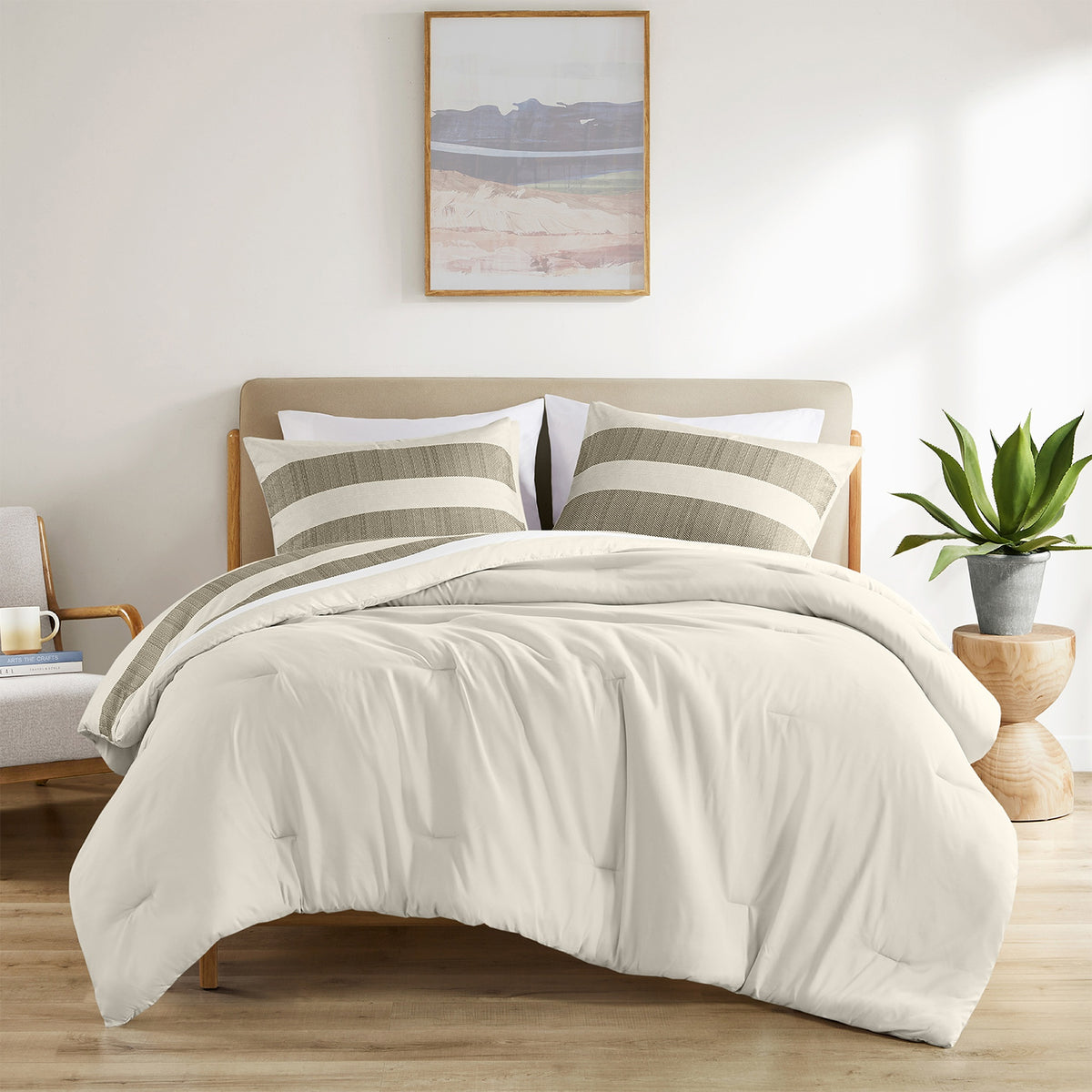 3-Piece Full/Queen Stripe Textured Print Comforter Set,Neutral