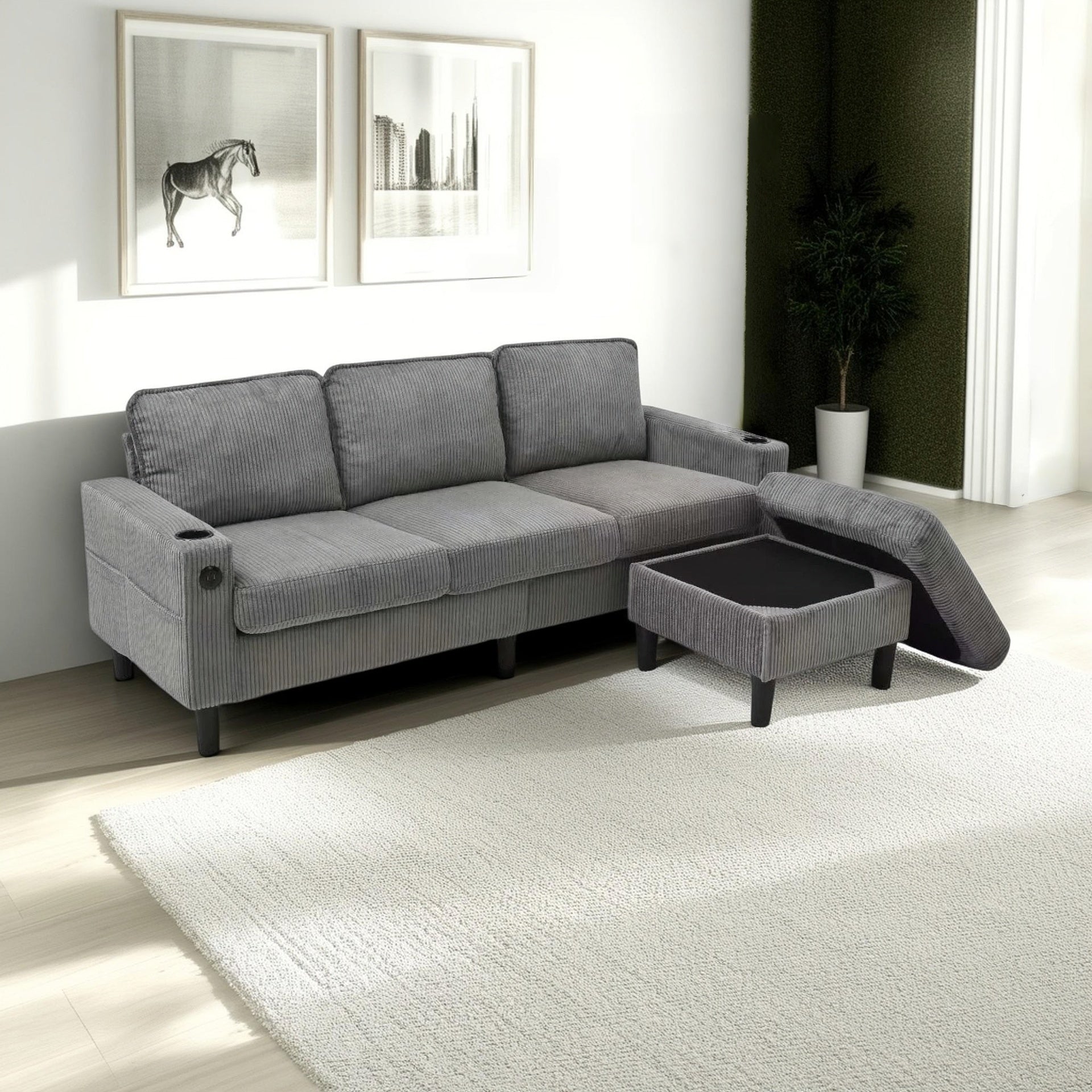 light grey color knock down 3-seat combo sofa with storage ottoman for living room apartment bedroom and compact room, Upholstered sectional Couch, L Shaped Bench with a footrest, a individual storage
