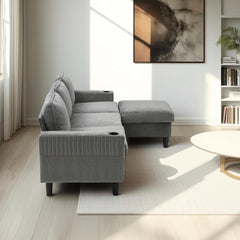 light grey color knock down 3-seat combo sofa with storage ottoman for living room apartment bedroom and compact room, Upholstered sectional Couch, L Shaped Bench with a footrest, a individual storage